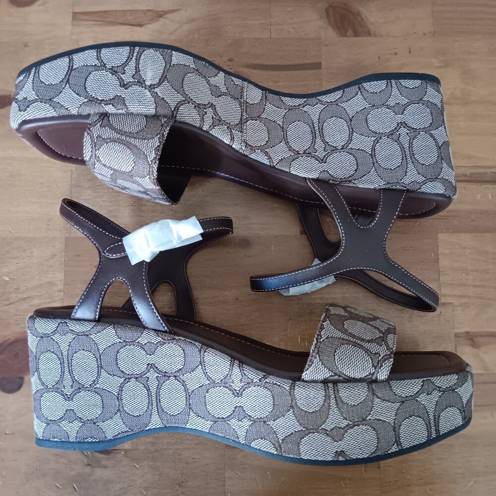 Coach Women Gale Wedge Sandal In Maple Signature Jacquard Size 11 B Damaged Box - Picture 5 of 14